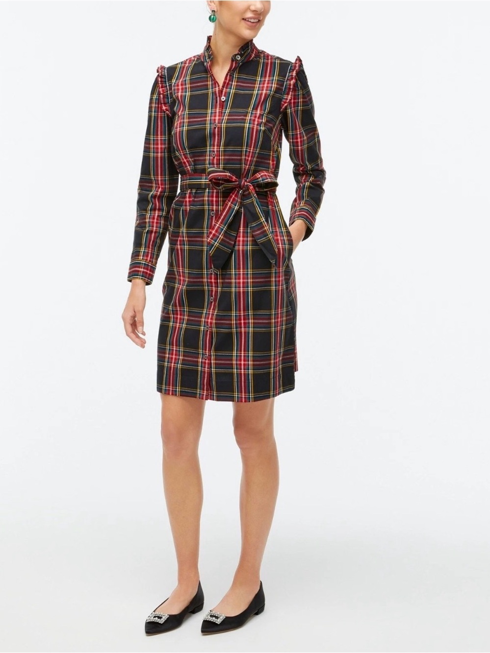 J Crew Beautiful Stewart Plaid Ruffle-Neck Belted Shirt Dress